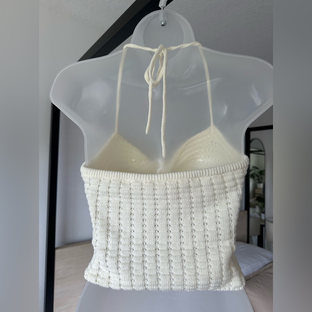 Roxy Venice Soft Crochet Knit Halter Top Egret Off-White, Size L - Picture 3 of 6